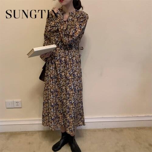 Sungtin New Floral Print Dress Women Vintage V-neck Butterfly Sleeve Clothes Autumn Winter Slim A-line Dresses 2020 Korean Chic