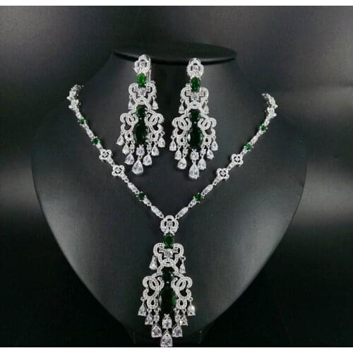 2021 new fashion popular elegant green tsssels necklace earrings jewelry set wedding bride dressing banquet formal jewelry