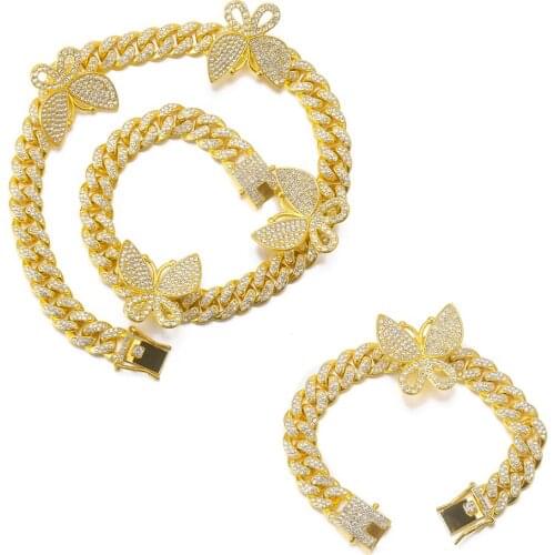 Hip Hop Iced Out 12MM Full Paved Rhinestones Miami Curb Butterfly Cuban CZ Necklace Bracelet For Men Women Charm Jewelry