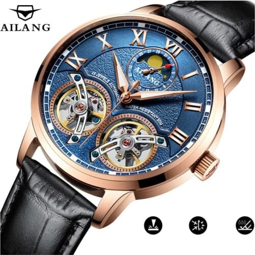 AILANG Double Tourbillon Watches Mens Top Brand Luxury Automatic Mechanical Watch Men Moon Phase Waterproof reloj hombr 2021 New