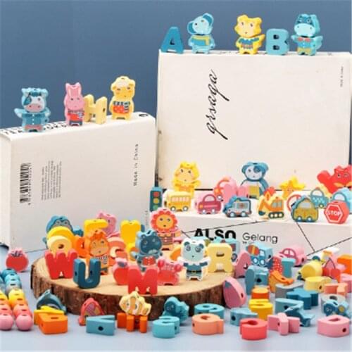 DIY Beaded Montessori Educational toy Wooden 3D Wooden Sensory Jigsaw Brain Traffic Jungle animals Fruits Crafts Learning Toys
