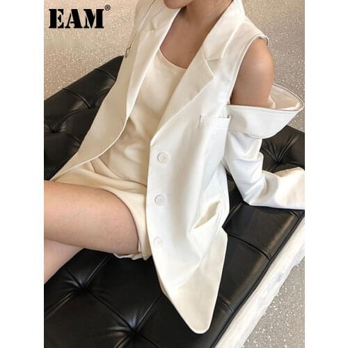 [EAM] Women Solid Color Off Shoulder Zipper Blazer New Lapel Long Sleeve Loose Fit Jacket Fashion Tide Summer 2021 1DD6470
