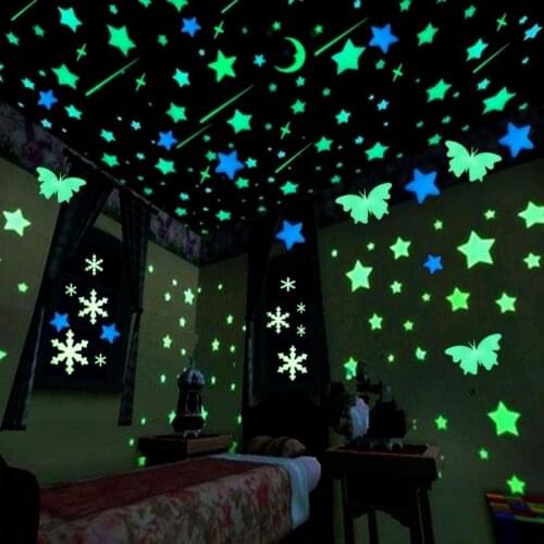 3D Luminous Stars Moon Butterfly Wall Stickers Glow In The Dark Wall Decal for Kid Room Ceiling Wall Decor Fluorescent Wallpaper