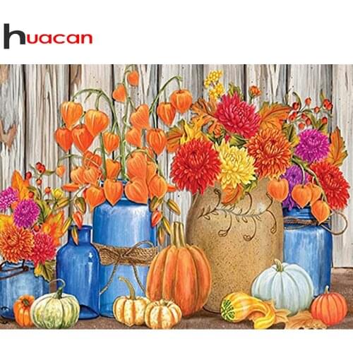 Huacan Diy Diamond Painting Embroidery Flower Vase Room Decor Diamond Mosaic Pumpkin Floral Crystal Wall Sticker