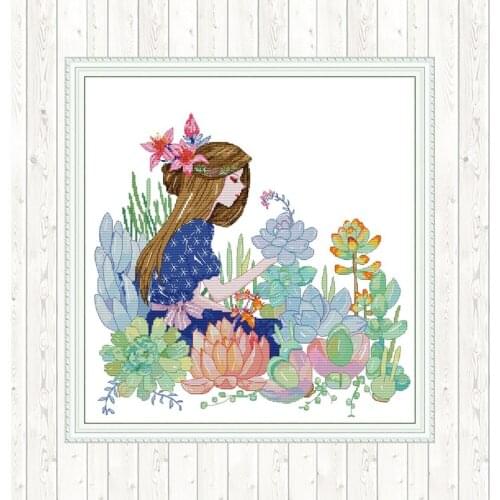 Enjoy Flower Girl Cross Stitch Embroidery Kit Printed Canvas for Embroidery Kit 14ct 11ct Aida Count DIY for Needlework Stitch