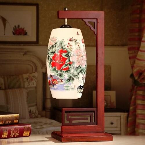 Ceramic Table Lamp Bedroom Bedside Solid Wood table Lamps Jingdezhen Classic New Chinese Style Led Energy Saving wedding lamp