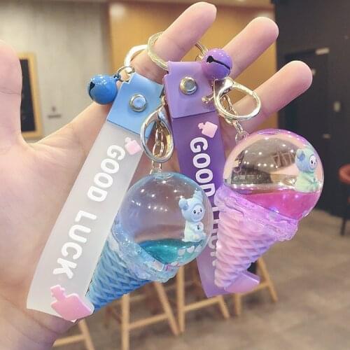 Creative ice cream Key Chain Liquid Floating Bear Doll Key Ring Women Men Bag Acrylic Keychain Pendant Car Key Ornaments