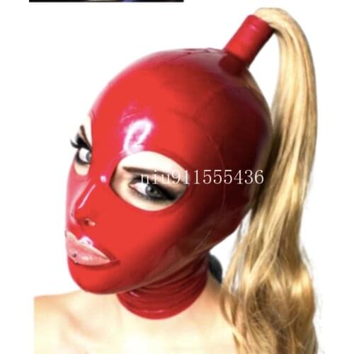 Latex Mask Rubber Unisex Hood with Wig Rubber Fetish Mask Braid Wigs Latex Headgear Sexy Cosplay Accessaries