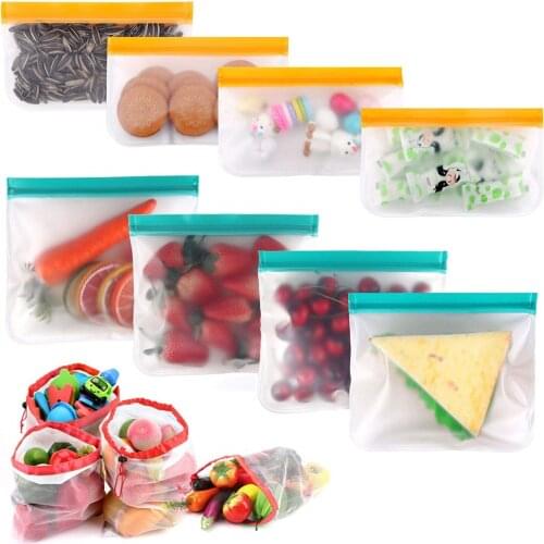 Reusable PEVA Food Bag Freezer Stand Up Food Storage Bag Silicone Bag Leakproof Top Kitchen Organizer Fresh Shut Bags BPA Free