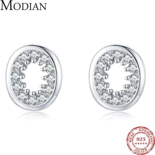 Modian Dazzling Full Paved Clear CZ Stud Earrings For Women 925 Sterling Silver Hollow Oval Wedding Statement Fine Jewelry
