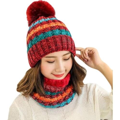 New Fashion Winter Hat Scarf Sets For Women Girls Warm Beanies Ring Scarf Pompom Winter Hats Knitted Caps And Scarf 2 Pieces/Set