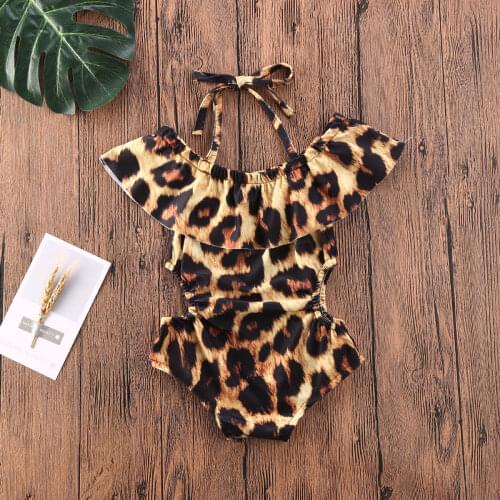1-5T Baby Girl Sling Ruffled Leopard Print Sling Swimsuit Summer Drop-Shoulder Leopard Print Lace Strapless Sleeveless Beachwear