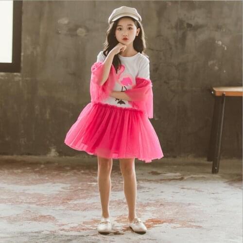 Girls Bead crane dress summer new mesh patchwork dress teenage cotton dress children half sleeve dress 6-16Y ws1574