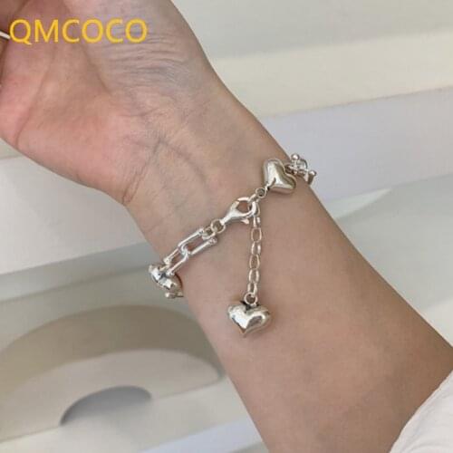 QMCOCO 925 Silver U-Shape Bracelets Chain New Fashion Vintage Simple Smooth LOVE Heart-Shape Bracelets For Woman Party Jewelry