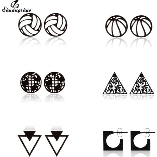 Shuangshuo Stainless Steel Geometric Stud Earrings Triangle Square Sports Jewelry Hollow World Map Earrings Women Men Piercing