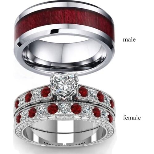 Stylish Brown Red Rhinestone Couple Rings Accessories Paired Rings Valentines Day Gift 2019