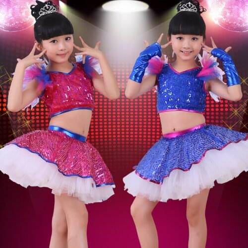 Performance Stage Sequined Jazz Ballet Dance Tutu Dress Two Piece Girls Kids Children Dancewear
