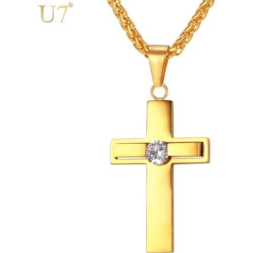 U7 Brand Cross Charm Necklace Gold Color Stainless Steel Cubic Zirconia Pendant & Chain For Men/Women Christian Jewelry P889