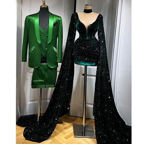 Green Sparkle Sequin Short Evening Dresses Luxury 2021 Party Women Mini Deep Neck with Cape Sexy African Formal Prom Gown