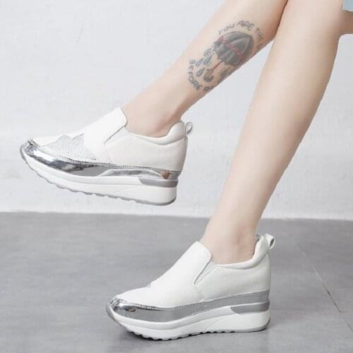 Womens Casual Shoes 2021 Spring and Autumn New Comfortable Silver Black Fashion Slope Heel Flat Leather Surface Breathable 43