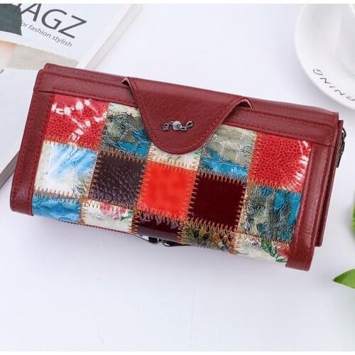 Womens Leather Clutch Bag Leather Stitching Long Wallet Mobile Phone Wallet Leather Iron Frame Wallet
