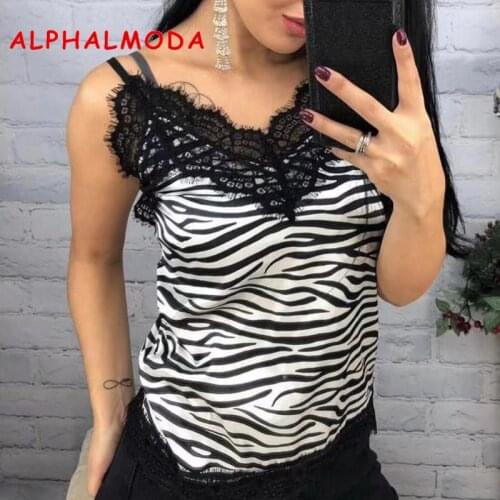 ALPHALMODA 2019 Women Popular Zibra Skin Print Summer Camis Tops Lace Patchwork Sexy Summer Camisole Women Fashion Tank Top