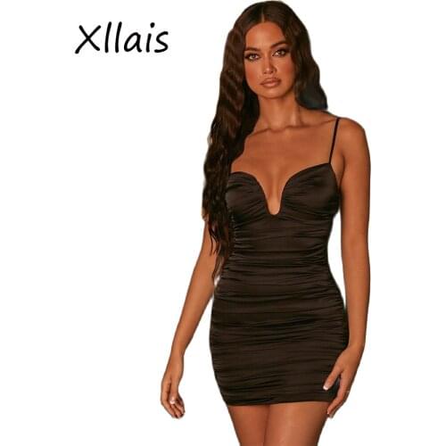 XLLAIS Strapless Satin Ruched Dresses Women Sexy Strap Tight Slim Bodycon Party Mini Vestidos Lady Streetwear Outfits