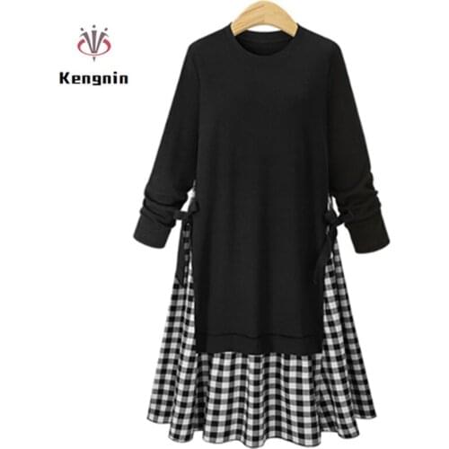 New 2020 Autumn Plus Size 5XL European Style Female Dresses O-Neck Platchwork Plaid Ladies Robe Long Sleeve Brief Belt Vestidos