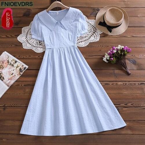 2021 Women Japanese Style Sweet Girls Casual Peter Pan Collar Solid Cotton Blend Vintage Cute Dress