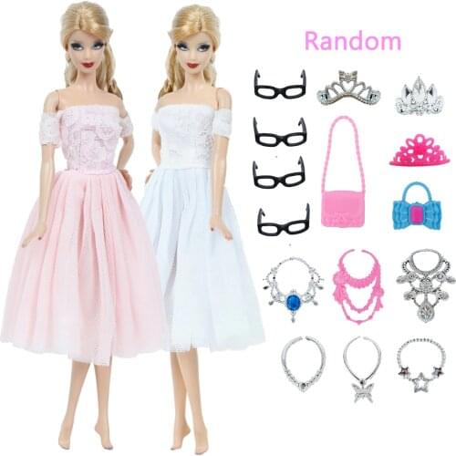 17 Pcs = Random 15 Accessories + 2 Lace Mini Gown Princess Party Dresses Bag Glasses Crown Necklace Clothes for Barbie Doll Toy