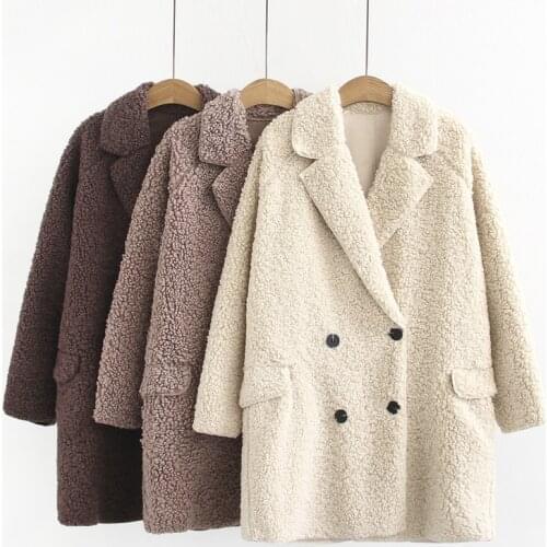 2020 Autumn And Winter Woolen Coat Womens Mid-length Plus Fleece Thick Coat Lamb Wool Double-breasted