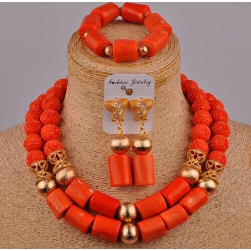African Ladies Wedding Dress Accessories Orange Natural Coral Bead Necklace Nigeria Wedding Wedding Jewelry Set AU-201