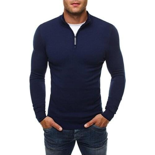 Mens Sweater Long Sleeve Solid Color Turtle Neck Stand Collar Pullover Sweater Casual Slim Tops with Zipper Collar