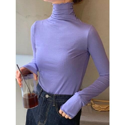Turtleneck Long Sleeve Solid Thin Stretchable Basic Women Cute T-Shirt T Shirt Top Lolita Sweet Basic Korean