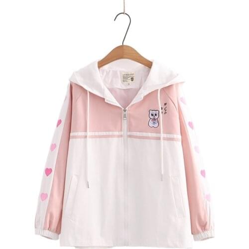Side Heart Patchwork Women Hooded Jackets Cartoon Bear Embroidery Zipper Coats 2021 Autumn Kawaii Cute Sweet Style Outerwear