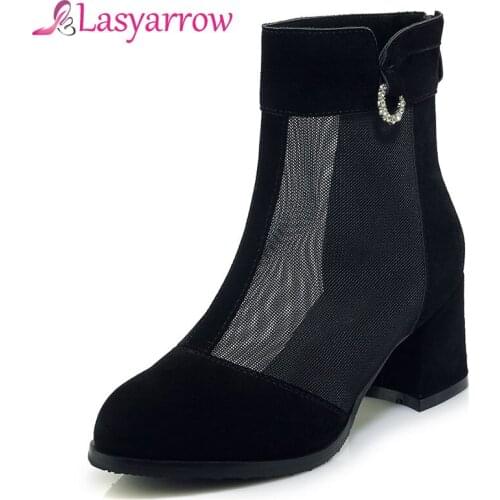 Lasyarrow Fashion Womens Ankle Boots Mesh Shoes Sexy High Heels Lady Platform Pumps Back Zipper Shoe Female Rhinestone J612