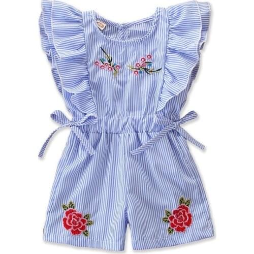 2021 Fashion Cute Toddler Kids Baby Girl Flower Striped Ruffle Romper Embroidery Flower Summer Blue Lace-up Jumpsuit Clothes