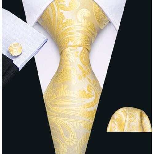 Fashion Yellow Silk Necktie Jacquard Woven Floral Ties For Men Tie Handkerchief cufflink set Barry.Wang Fashion Designer FA-5276
