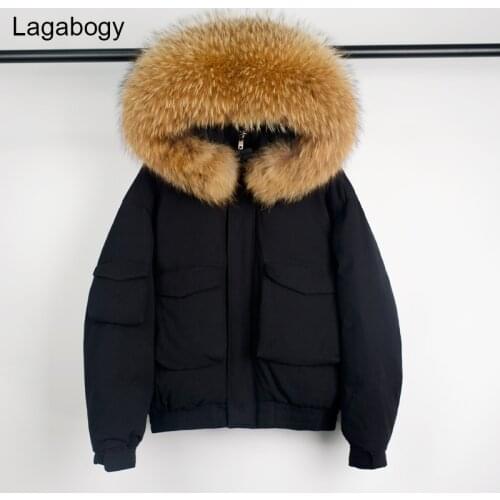 Lagabogy 2021 Large Real Raccoon Fur New Top Quality Winter 90%White Duck Down Coat Women Hooded Female Loose Warm Puffer Jacket