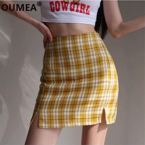 OUMEA Women Yellow Plaid Sexy Mini Skirt Slim Fitted Casual Lined Skirt For Girls Back ZipperSlits Going Out Elegant Skirt