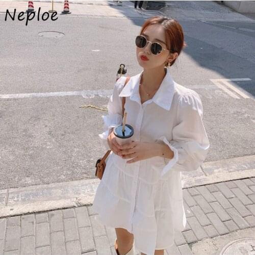 Down Turn Neploe Collar Long Sleeve Single Breast Dress Women High Waist Hip A Line Draped Vestidos Spring 2021 New Solid Shirt