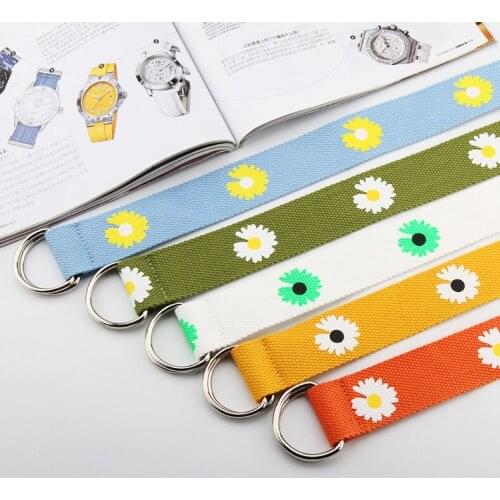 Unisex Canvas Belts Daisy Printed D Ring Double Buckle Punk Waist Strap Women Men Teenager Long Wide White Belt