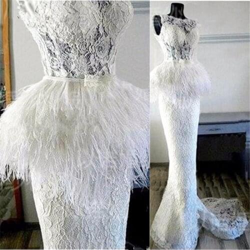 Luxury White Feathers Evening Dresses 2019 Aibye Muslim Sleeve Formal Prom Dress Turkish Lace Mermaid Party Gowns Robe de soiree