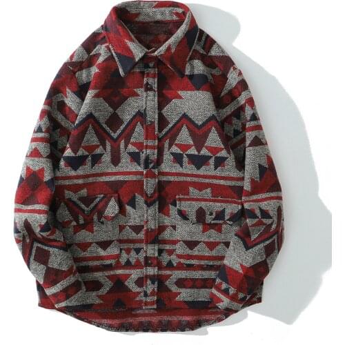 Retro Argyle Warm Long Sleeve Shirts Men Autumn Streetwear Thick Cotton Snap Button Shirt Harajuku National Style Knitted Shirt