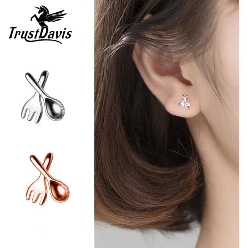 TrustDavis Real 925 Sterling Silver Fashion Sweet Fork Spoon Charm Stud Earrings For Women Wedding Party Fine Jewelry DB1270