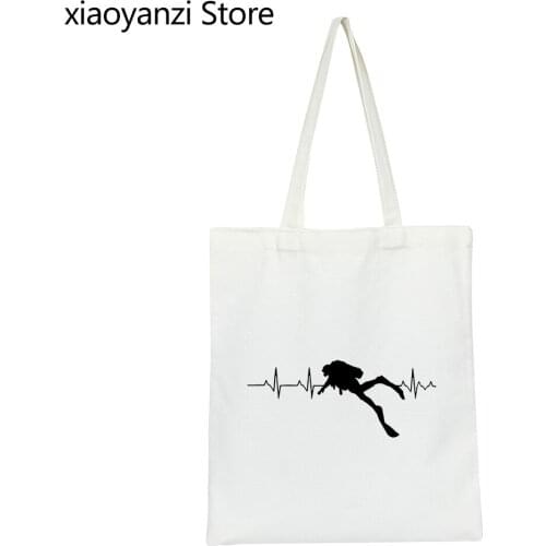 Scuba Dive Heart Beat Best Gift for Diver Women Shopping Canvas Tote Bags Soft Student Books Bags Pure Shopping Bag Wholesale