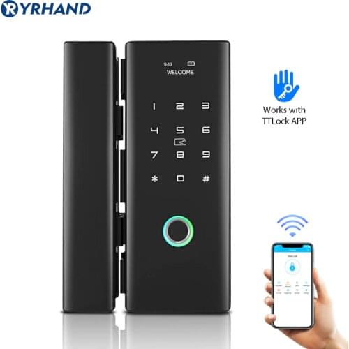Intelligent ttlock App Rfid Pin Electronic Tempered Double Biometric Office Hand Sliding Frameless Smart Glass Door Lock