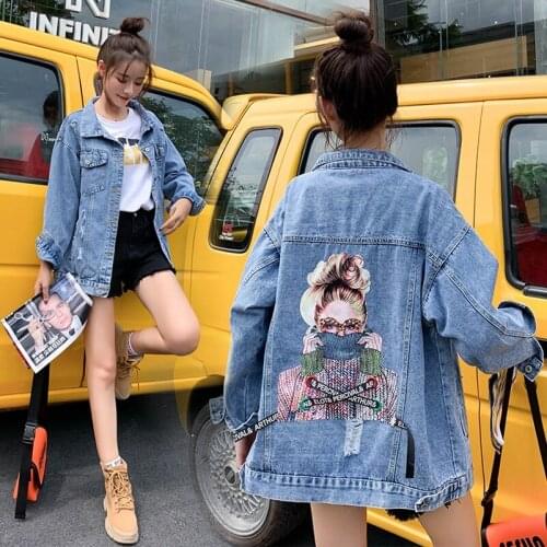 2020 Fashion The New Loose Beading Printing Cross Ribbon Hole Denim Jacket Free Shipping