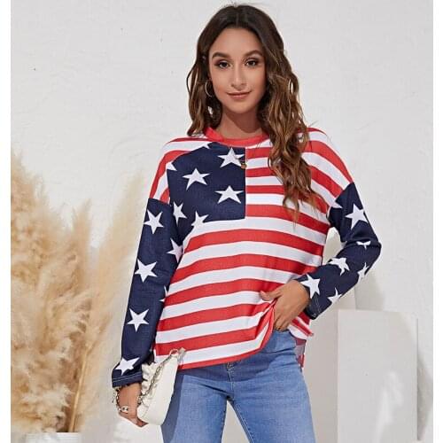 Women Striped Star Patchwork Print O-neck T-shirt Top Spring Autumn New Casual Looes Long Sleeve Fashion Pullover Korean Tee XXL