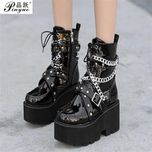 Side zipper chain Women Boots Square Heel demonia boots platform shoes goth Band Thigh High Shoes Black Spring winter boots